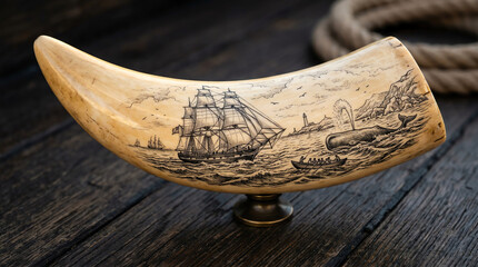 Scrimshaw Engraved Whale Tooth with Maritime Scene Detail