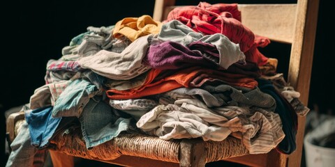 Obraz premium A cluttered pile of clothes and textiles on top of a chair, suggesting disorganization or the process of folding and storing garments.