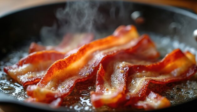 Crispy bacon strips fry in hot pan releasing savory smoke. Fat renders as meat cooks to golden brown perfection, ideal for breakfast or hearty meals. Delicious aroma fills kitchen.