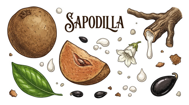 Hand Drawn Sapodilla Botanical Vector Illustration Set with Whole Fruit, Slice, Seeds, Flower and Chicle Latex Drip