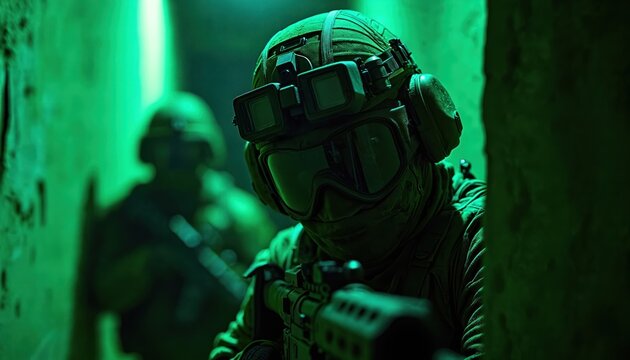 Special forces soldiers with night vision goggles move in darkness during a covert mission. Armed soldiers in tactical gear with rifles ready for action, wearing helmets and masks.