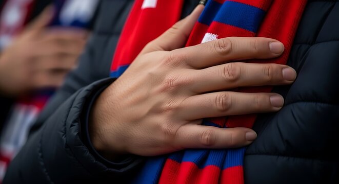 A person wearing a red and blue scarf with their hand on their chest American usa soccer fan in Dramatic multi-sensory texture in 2026 soccer world championship
