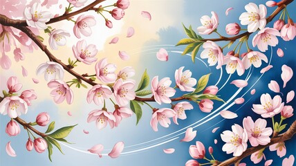 Fototapeta premium Beautiful sakura cherry blossoms in full bloom with petals flying in blue sky, symbolizing spring season, renewal, graduation, and fresh beginnings in a clean, romantic illustration style.