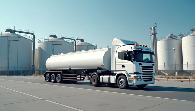 White tanker truck moves on road near large storage tanks. Truck transports liquid cargo. Industrial area with silos and pipelines. Logistics and distribution business.