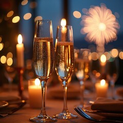 Fototapeta premium Two champagne flutes full of bubbly drink stand on a table set for dinner. Candles flicker softly with bokeh lights and fireworks exploding in night sky.