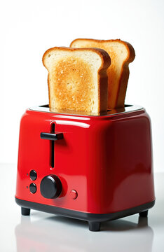 Two slices of toasted bread pop up from a shiny red electric toaster on a clean white surface. This appliance makes quick, crispy breakfast or snack meals.