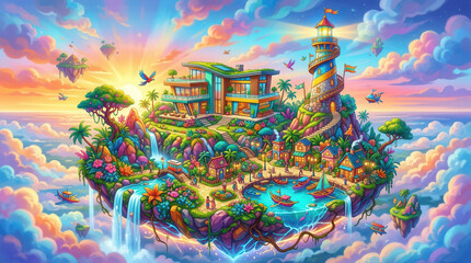 Obraz premium Vibrant Fantasy Island Scene with Waterfall, Sky Bridge, and Lush Gardens at Sunset