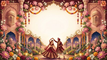Fototapeta premium Indian Wedding Frame with Royal Couple Dancing in Mughal Garden