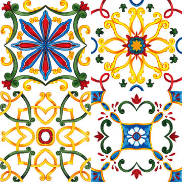 Seamless pattern with Italian majolica tiles, colorful motives and traditional ornament. Hand draw watercolor illustration