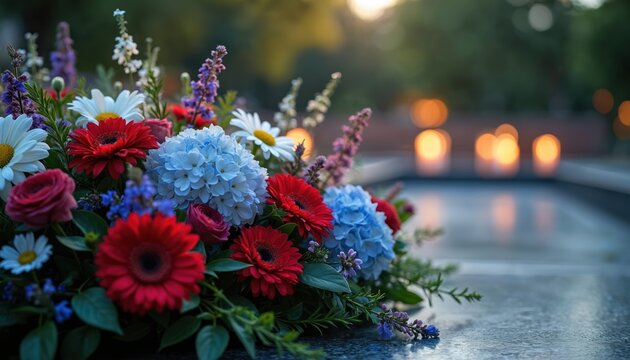 Floral wreath with red, white, and blue flowers placed at memorial site. Candles glow in background at dusk. Offers tribute and remembrance for loved ones.