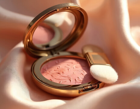 Open gold makeup compact with blush powder and soft brush lies on peach satin fabric. Golden case holds rosy powder for cheeks. Glamour beauty product for face.