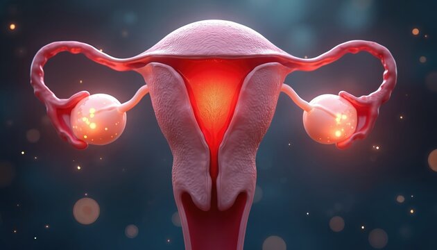 Illustration of female reproductive system anatomy. Uterus ovaries fallopian tubes and cervix shown in detailed cross section. Medical science concept of fertility and female health.
