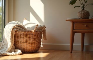 Fototapeta premium Woven basket with cozy blanket and pillow rests by window. Natural light creates shadows on floor and wall. Nearby wooden table holds plant. Empty room interior.