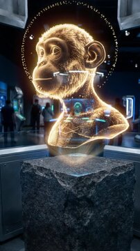 A mannequin head is on a pedestal in a museum