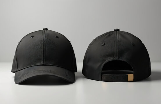 Two black baseball caps, front, back views, shown on white surface. One cap faces forward, revealing brim, panels. Faces backward, showing adjustable strap with gold clasp. Both subtle texture,