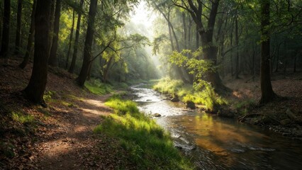 Obraz premium Sunlit river in dense woodland with rays of light and grassy banks for tranquil nature background, serene wallpaper and outdoor landscape poster