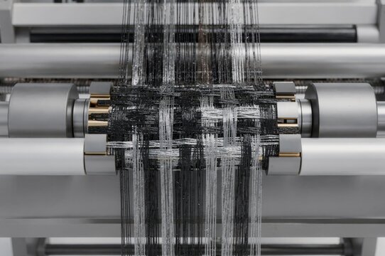 Intricate textile production process showcasing a weaving machine's black and silver threads creating contemporary fabric in a modern industrial setting