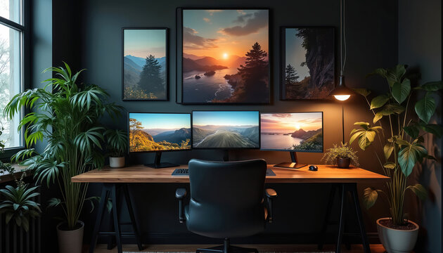 Modern home office setup with multiple computer monitors. Desk with plants and framed art. Comfortable chair ready for work or gaming. Peaceful workspace.
