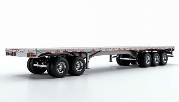 Empty flatbed trailer with multiple axles, designed for cargo transport. Modern silver vehicle for logistics, freight, and shipping industries. Dual wheel setup for heavy loads.