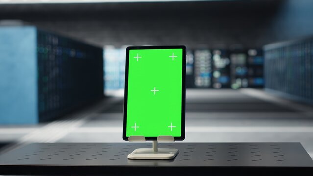 Green screen tablet in data center used for doing maintenance on infrastructure, improving workload. Mockup device in server farm used by high tech server clusters for parallel processing
