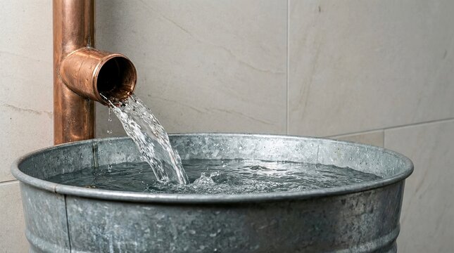 rain water flowing from copper downspout into vintage galvanized metal barrel for harvesting and sustainable irrigation