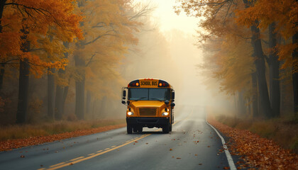 Obraz premium Yellow school bus drives on asphalt road through autumn forest with orange leaves. Morning fog creates hazy atmosphere on quiet country lane. Back to school transport theme.