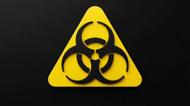 A biohazard warning sign on a black background with a yellow triangle and black symbol