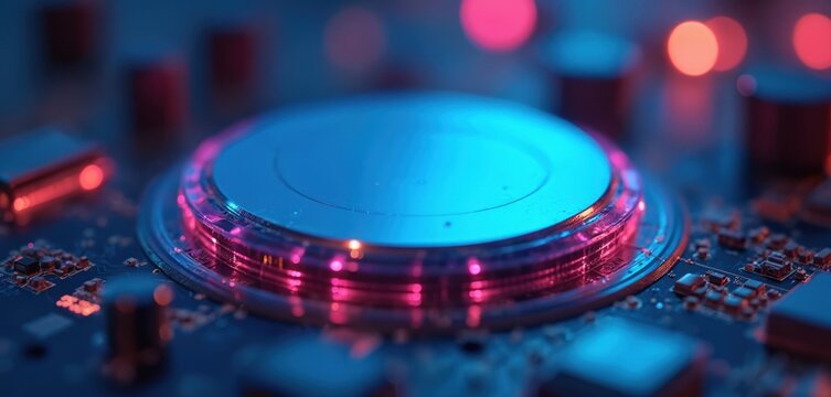 Shiny silicon wafer glows with neon pink and blue light. Close up on futuristic circuit board with microchips and components. High tech innovation concept.