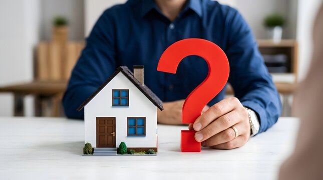 Person contemplating real estate decisions with a model house and a question mark.