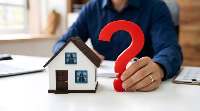 Man holding a red question mark next to a model house on a desk, symbolizing real estate questions and property decisions.