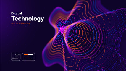 Abstract Technology Background With Colorful Neon Waves And Dynamic Particle Lines. Big Data Flow And Digital Network Concept. Technology Innovations And Data Systems. Vector Illustration.