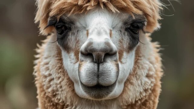 Fluffy brown alpaca face close up with soft fleece and gentle calm expression, woolly mammal