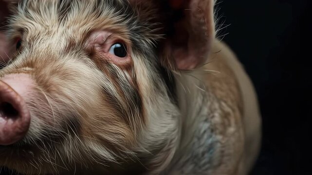 Curious young pig hog portrait close up snout with soft textured hair, soft lighting and dark