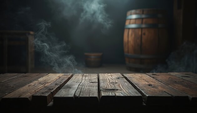 Old wooden table surface with smoky background and barrel. Empty space for product display. Rustic cellar atmosphere, moody lighting. Vintage texture and aged look.