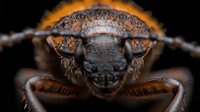 Beetle close up macro head portrait with textured orange black exoskeleton mandibles and antennae