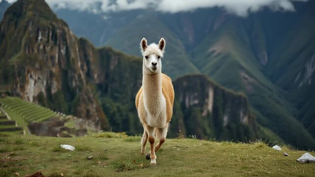 Alpaca animal camelid on grassy terrace with ancient mountain ruins and misty cloudy peaks