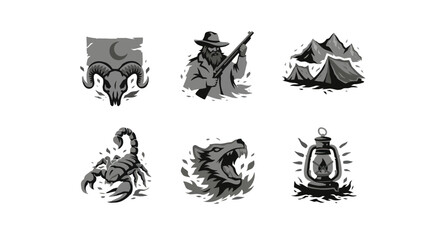 Fototapeta premium Flat view of six black‑and‑white tattoo illustrations showing a fleur‑de‑lis, a man with rifle, a mountain, a scorpion and a lantern