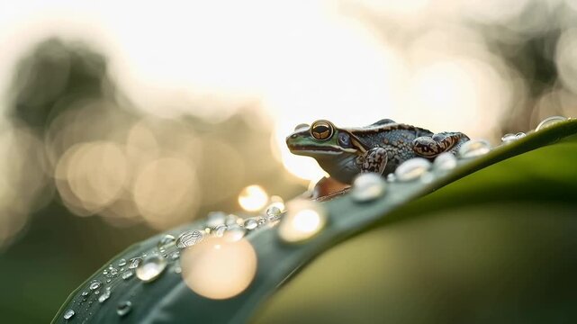 Golden sunlight frog dew covered leaf with bokeh water droplet and serene morning sunlight bokeh