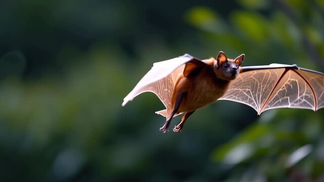 Flying fruit bat in soft evening light with translucent wing vein and warm mammal fur in flight
