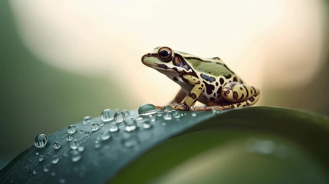 Green frog macro amphibian perched wet leaf with water droplet and patterned skin soft morning light