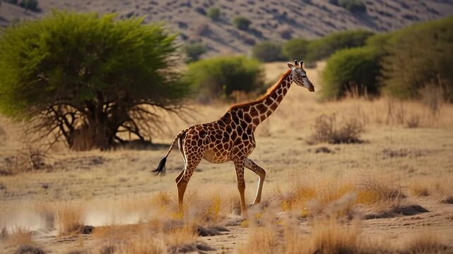 Young giraffe walking across dry savanna with graceful stride under golden light near acacia tree