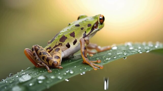 Green tree frog perched dewy leaf with patterned skin and water droplet golden sunrise amphibian