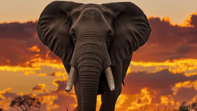 Majestic elephant with tusk and trunk crossing savanna at dramatic orange sunset sky glow