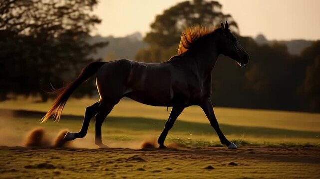 Brown stallion gallop across sunlit pasture at golden sunset running with dust motion glow