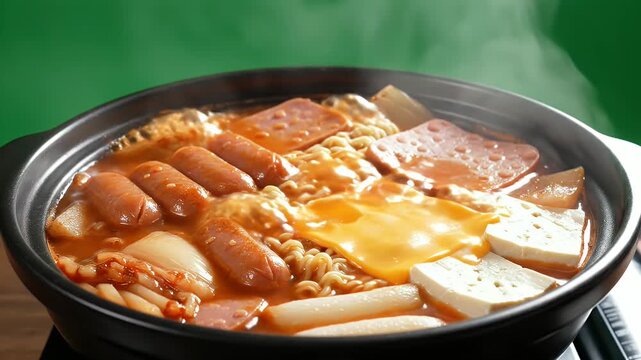 Steaming Korean Army Stew with Rich Broth Pork Sausage Spam Tofu and Ramen Noodles Served in Black Pot with Green Background Cinematic Food Commercial