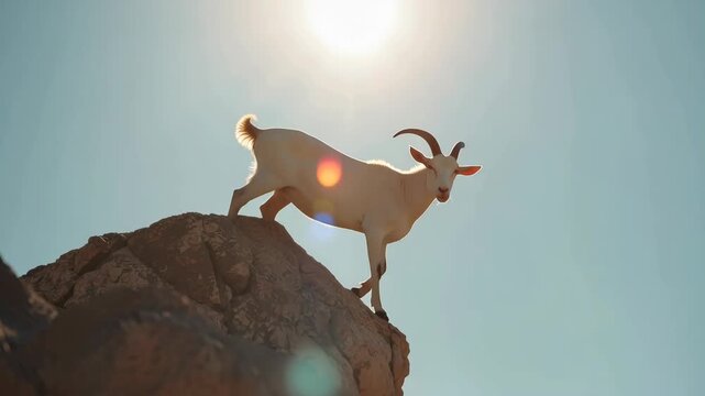 White mountain goat sunlit rocky ridge and backlit peak with clear blue sky, serene goat rock ridge