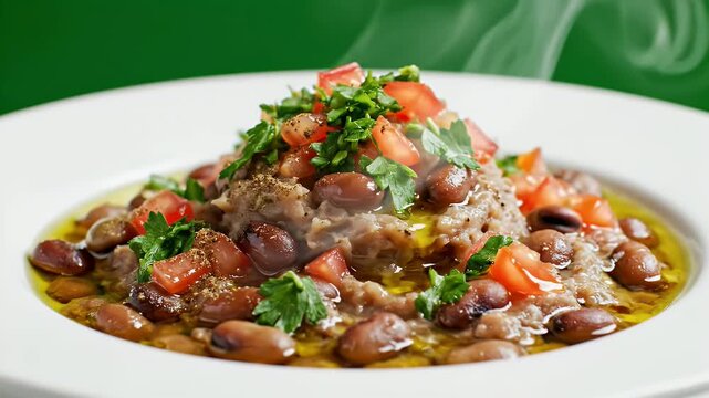 Steaming Pot Of Ful Medames A Traditional Middle Eastern Fava Bean Breakfast Dish Garnished With Chopped Tomatoes And Parsley In A White Bowl With Olive Oil And A Hint Of Smoke