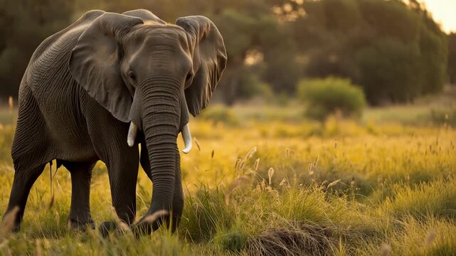 Young elephant trunk and tusk golden savanna grass sunset expressing calm curiosity with warm soft