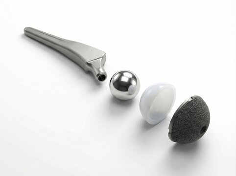 Artificial hip joint prosthesis components. Disassembled total hip replacement implant showing titanium stem, ceramic ball, and acetabular cup isolated on white background.