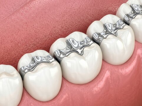 AI image  Realistic 3D medical illustration of human molar teeth with silver metallic amalgam fillings. Macro view of dental restoration and dentistry care concept